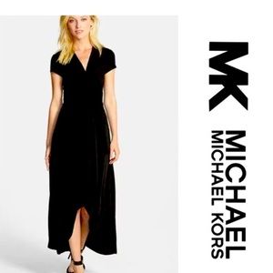 MICHAEL Michael Kors Black Midi Hi Low Cap Sleeve Slinky Wrap Dress Size S